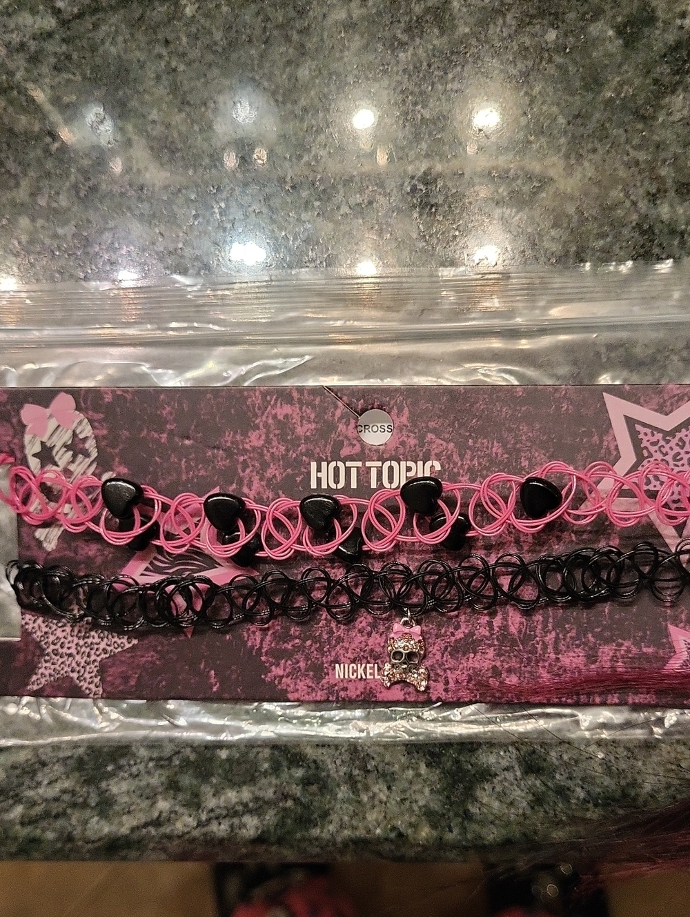 Hot Topic Pink & Black Heart and Skull Choker Set Of 2